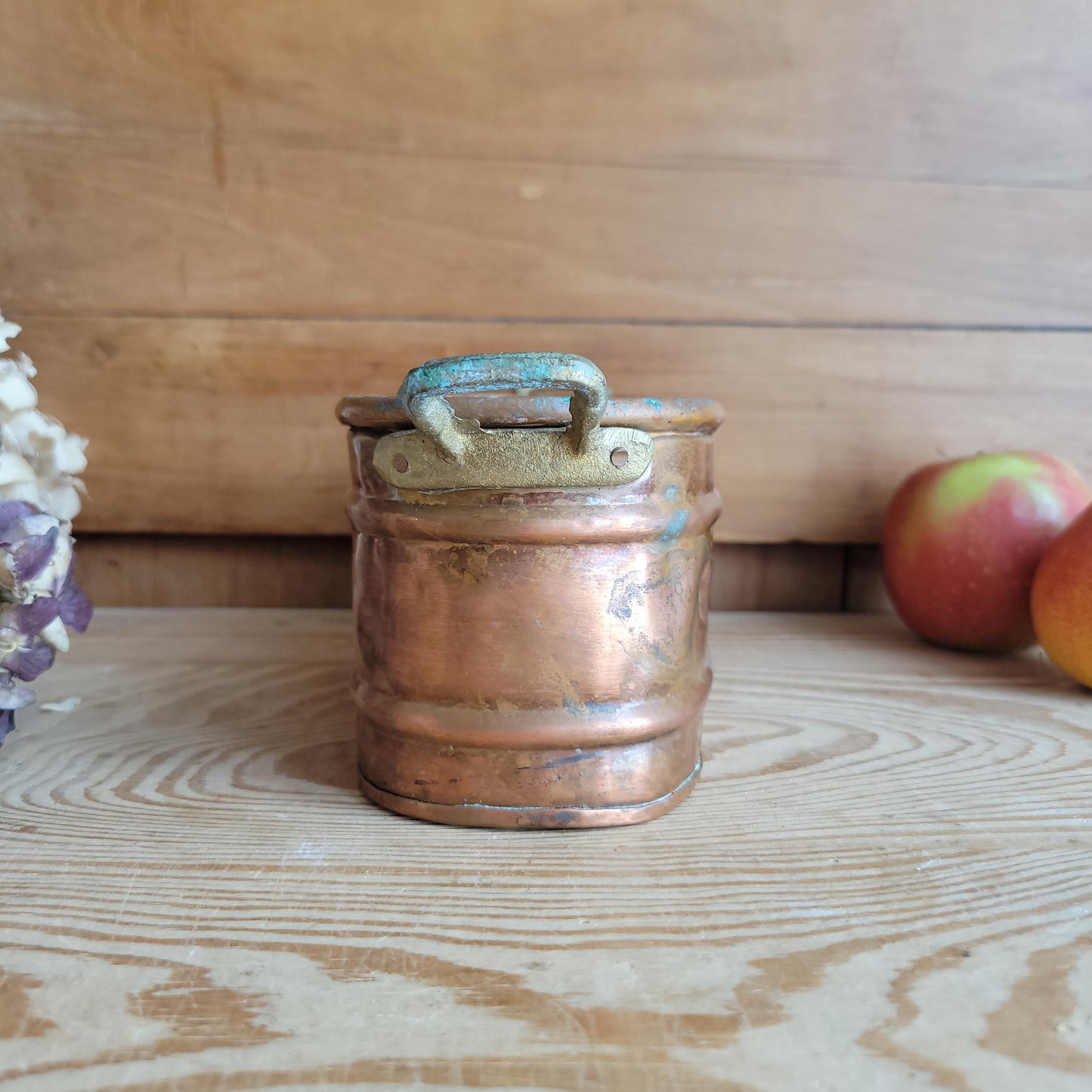 Small Vintage French Copper Jardiniere with Embossed Flowers & Brass Handles France c 1930-50