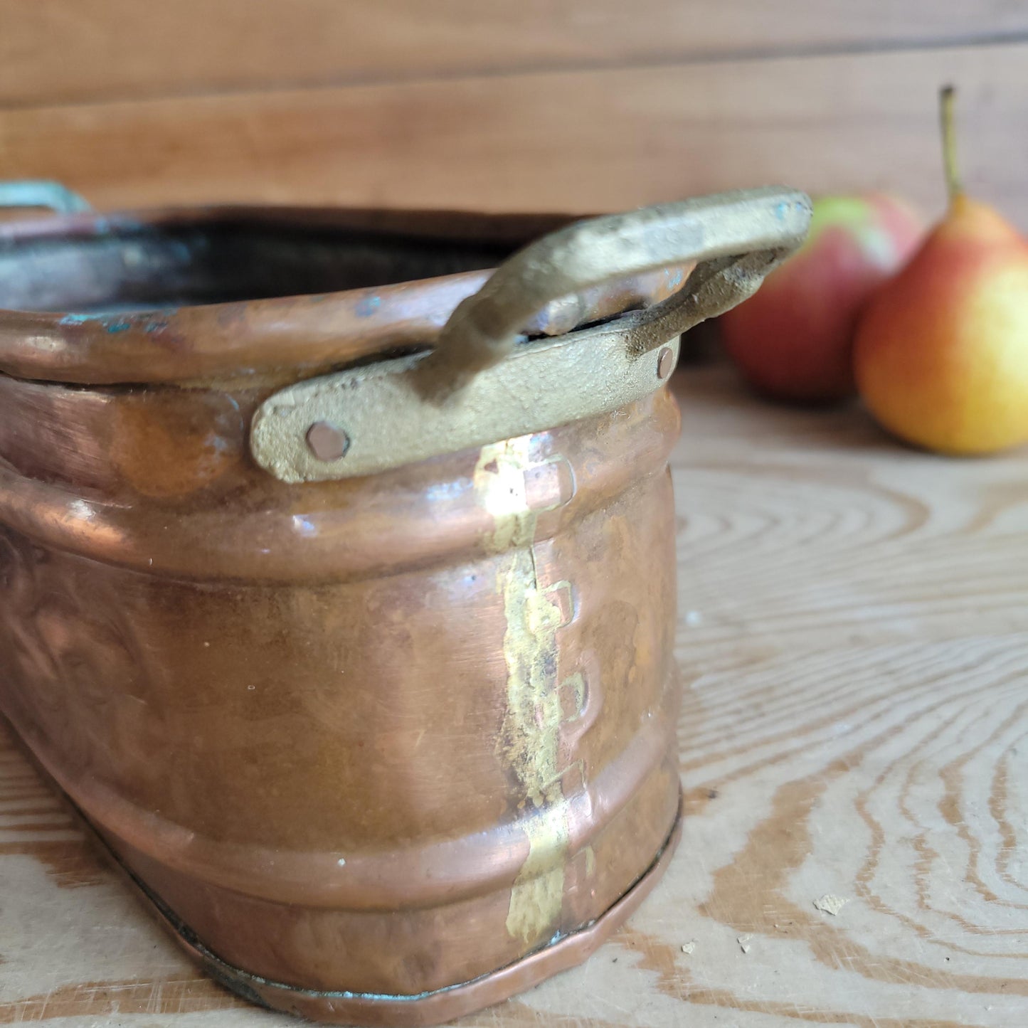 Small Vintage French Copper Jardiniere with Embossed Flowers & Brass Handles France c 1930-50