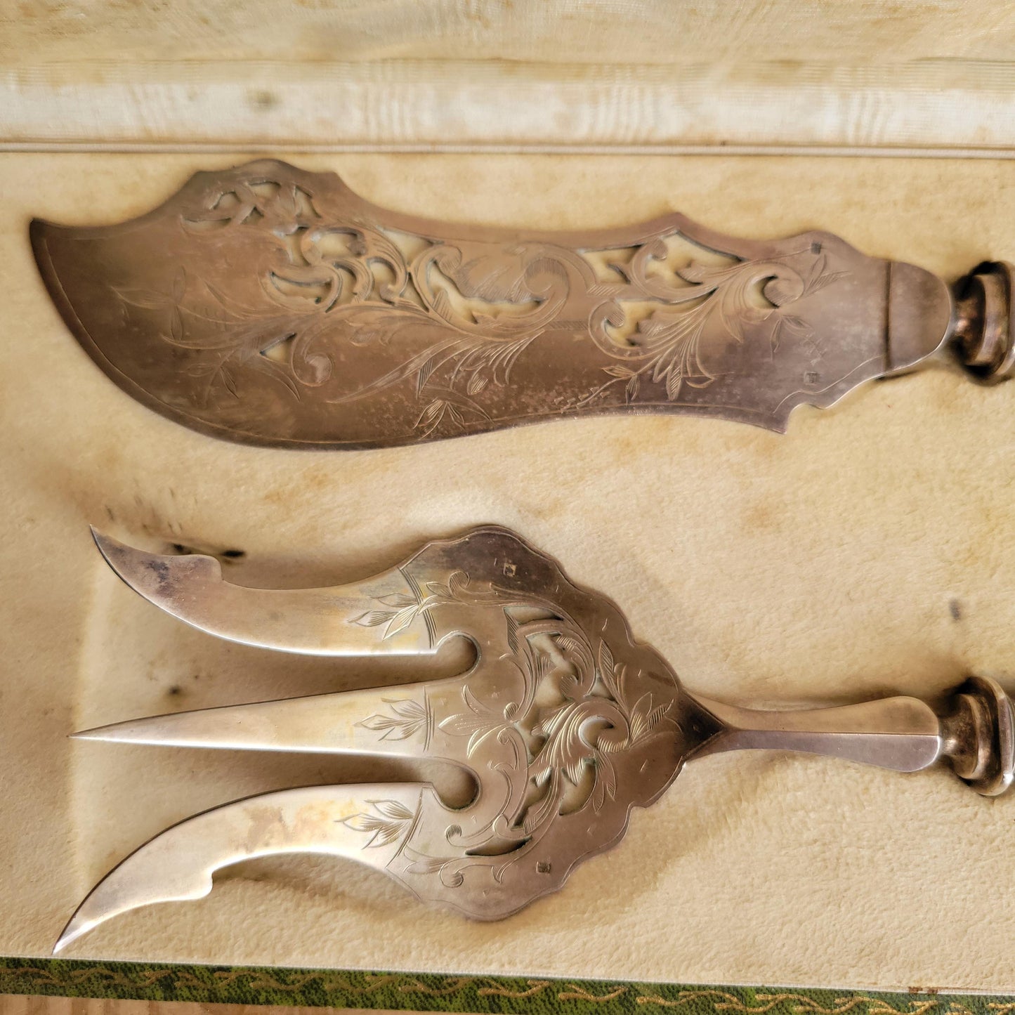 Antique French Ornate Fish Serving Set in Original Green Presentation Box