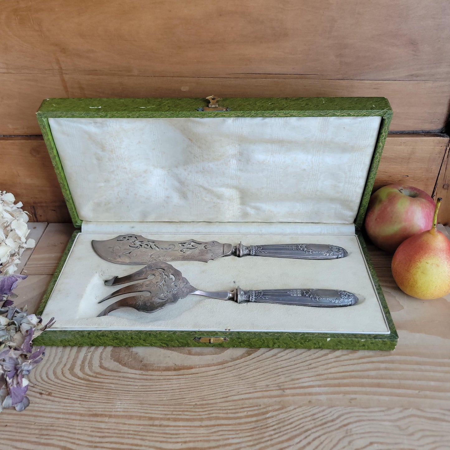 Antique French Ornate Fish Serving Set in Original Green Presentation Box