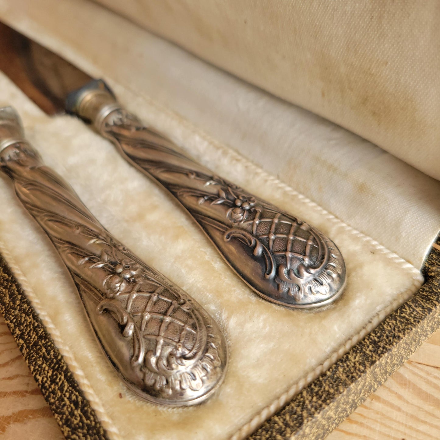 Antique French Silver Cutlery Carving Set in Green-Grey Presentation Box