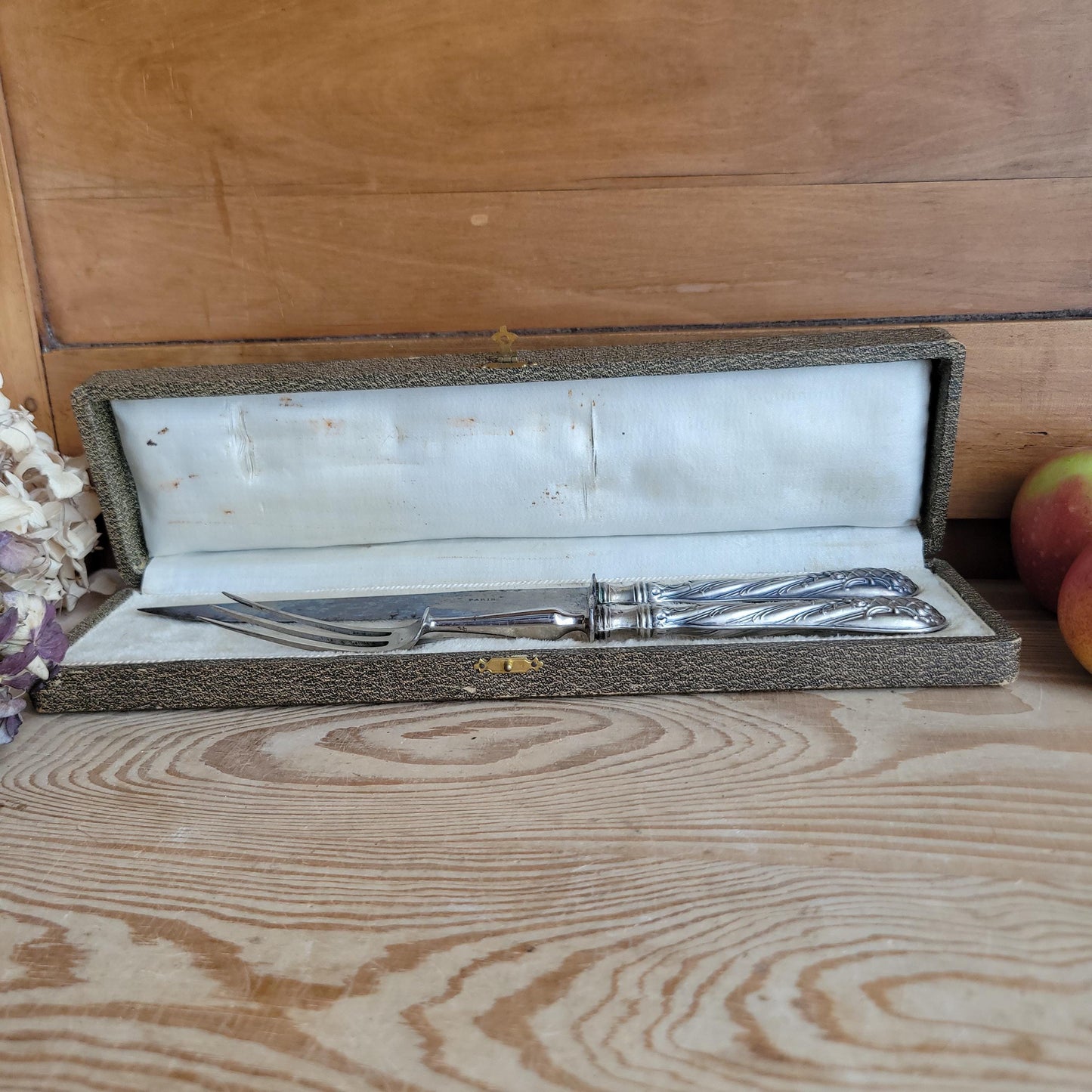 Antique French Silver Cutlery Carving Set in Green-Grey Presentation Box
