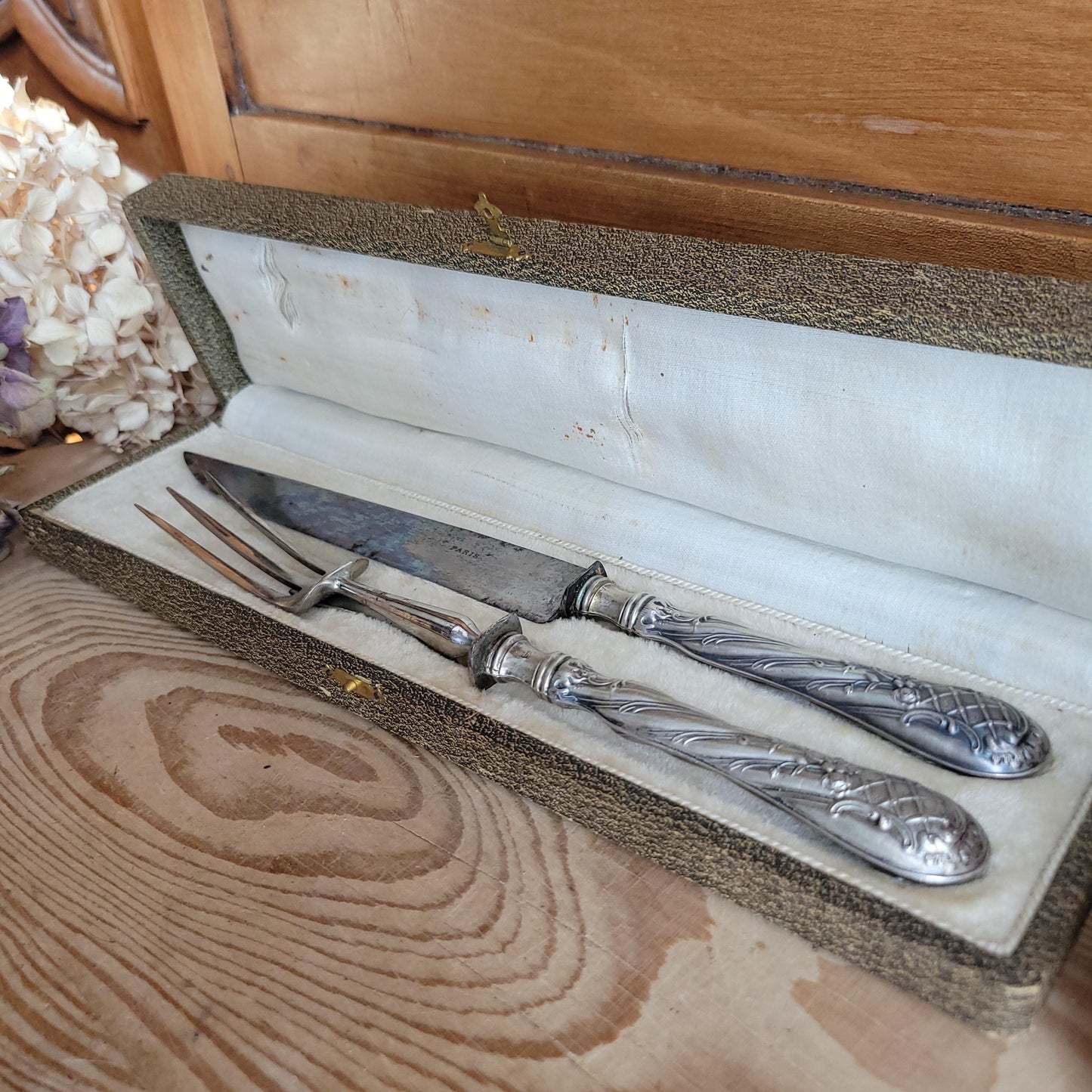 Antique French Silver Cutlery Carving Set in Green-Grey Presentation Box
