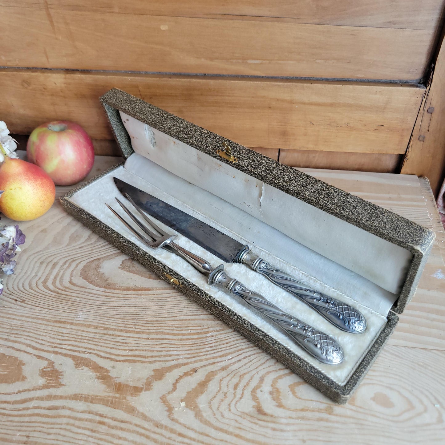 Antique French Silver Cutlery Carving Set in Green-Grey Presentation Box
