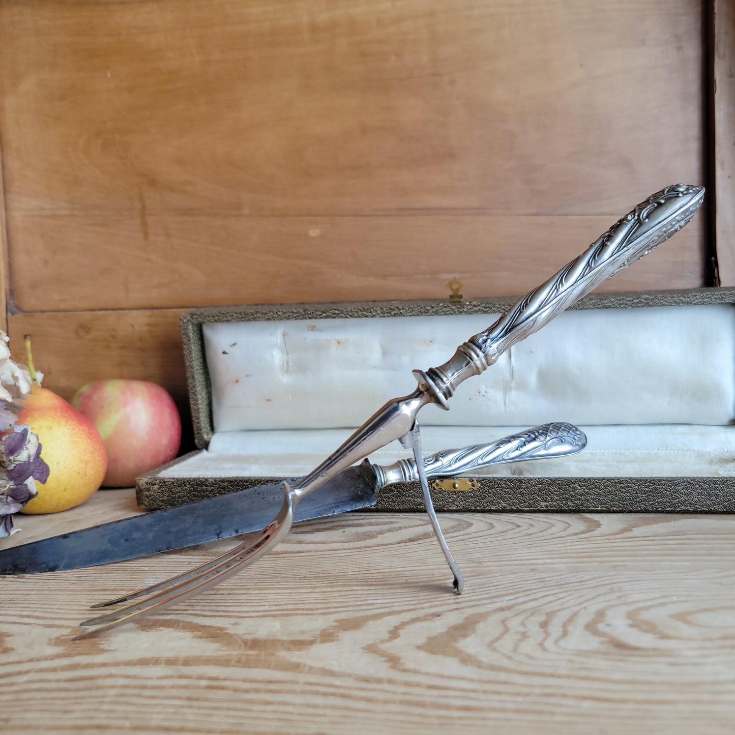 Antique French Silver Cutlery Carving Set in Green-Grey Presentation Box