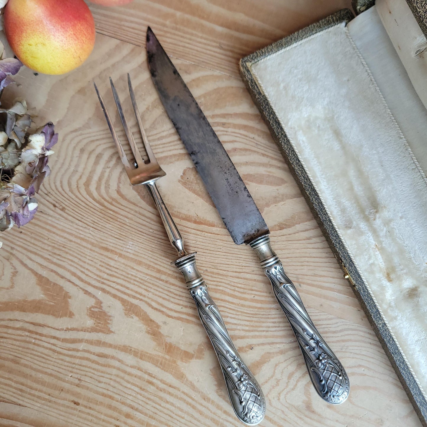 Antique French Silver Cutlery Carving Set in Green-Grey Presentation Box