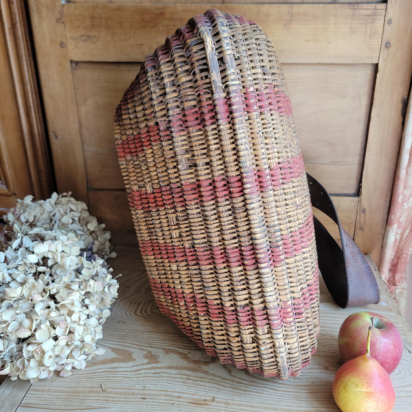 Vintage French Artisanal Creel Basket with Leather Strap & Carved Details c.1930