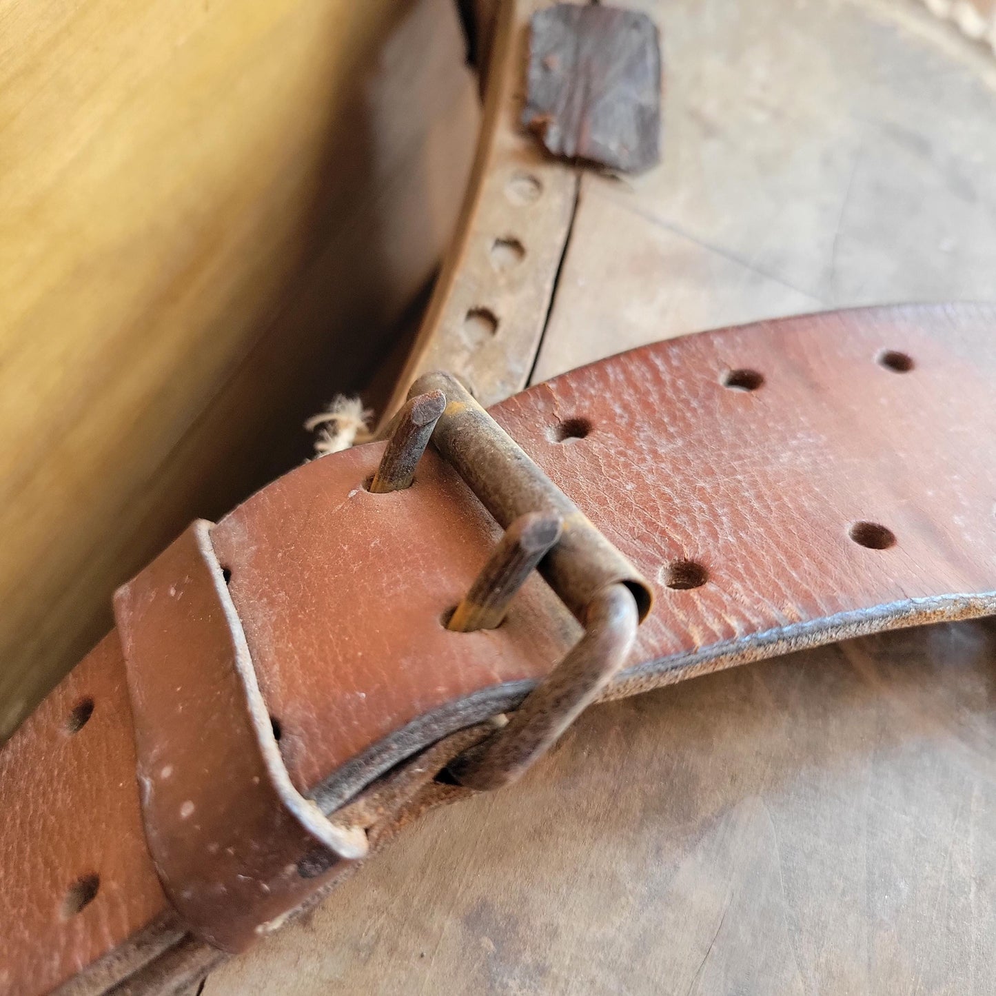 Vintage French Artisanal Creel Basket with Leather Strap & Carved Details c.1930