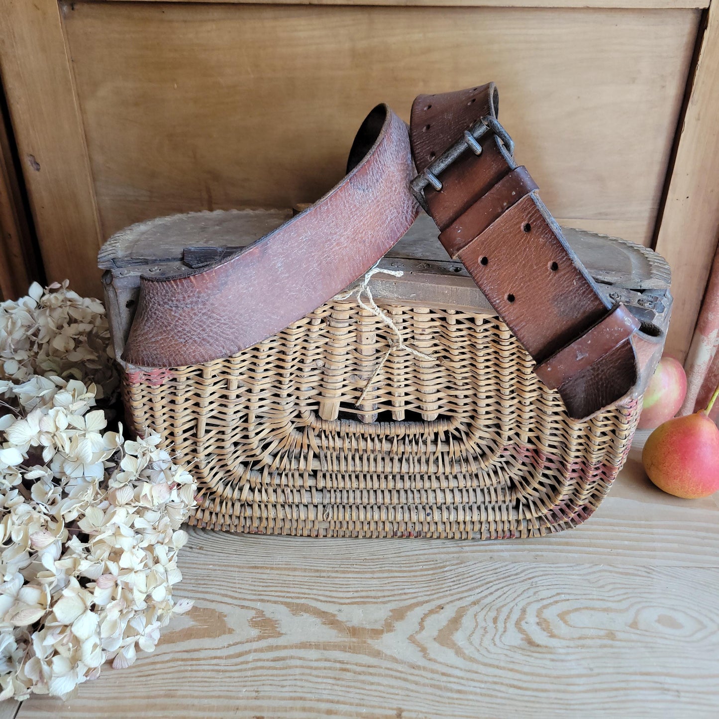 Vintage French Artisanal Creel Basket with Leather Strap & Carved Details c.1930