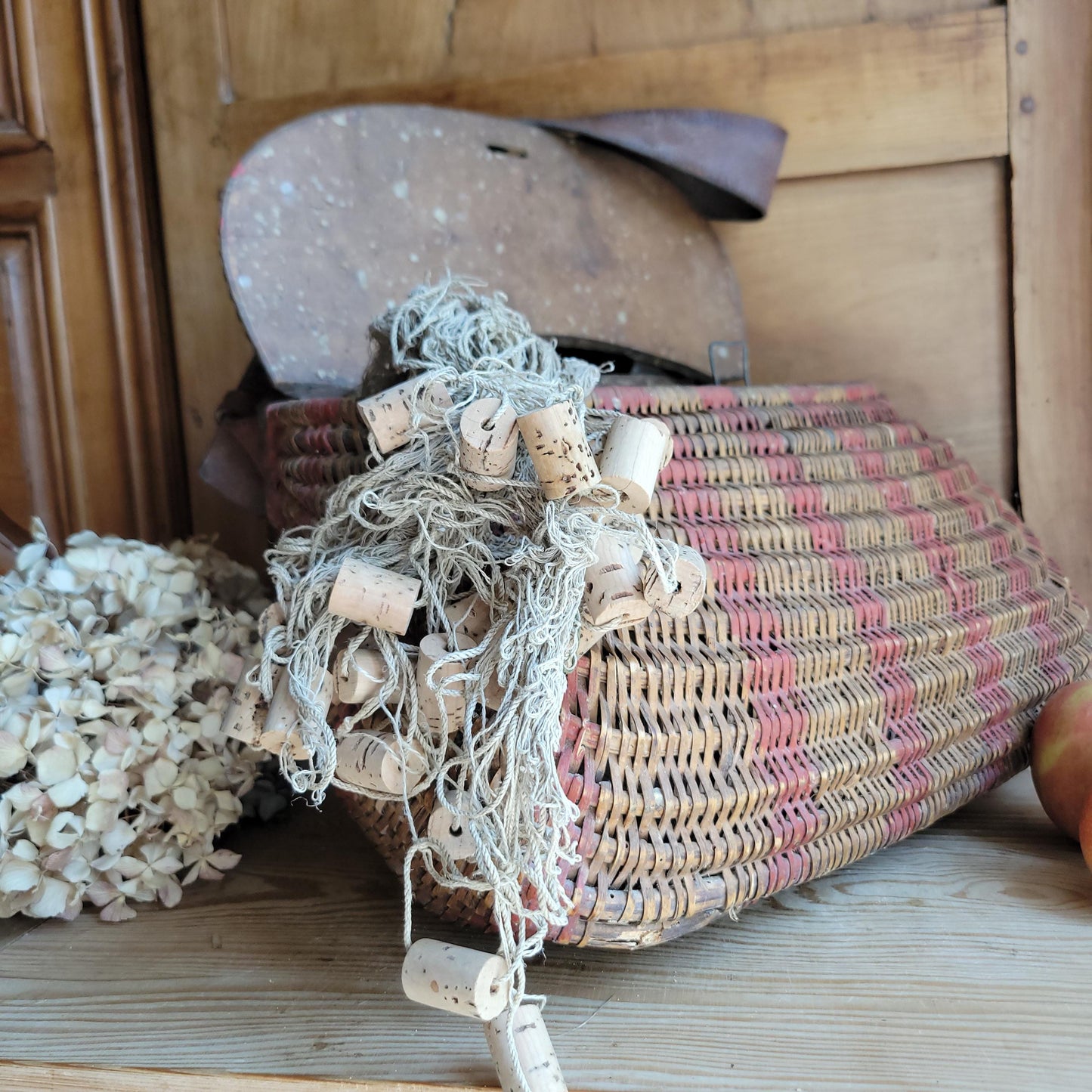Vintage French Artisanal Creel Basket with Leather Strap & Carved Details c.1930