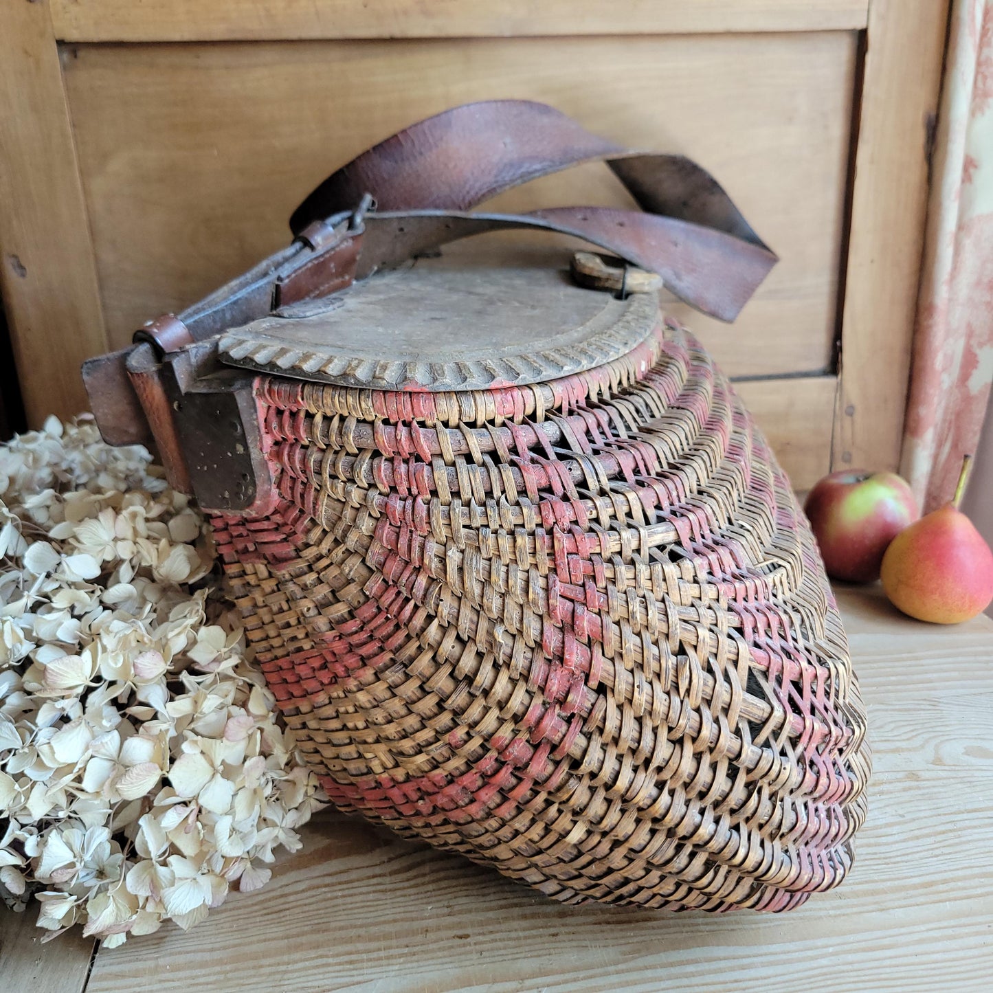 Vintage French Artisanal Creel Basket with Leather Strap & Carved Details c.1930