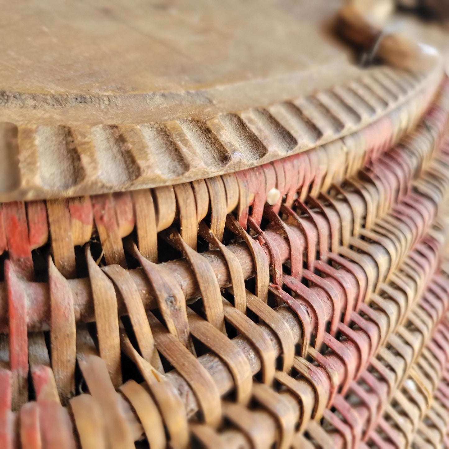 Vintage French Artisanal Creel Basket with Leather Strap & Carved Details c.1930