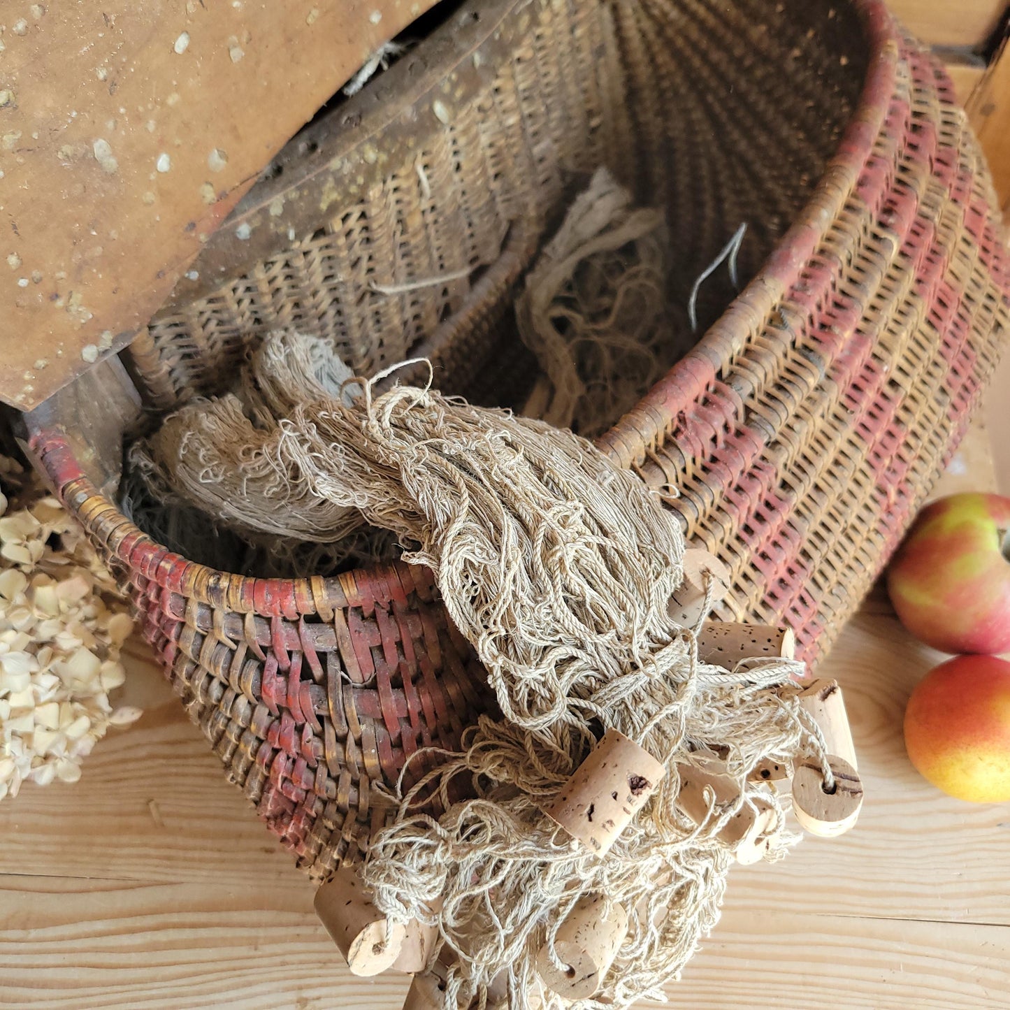Vintage French Artisanal Creel Basket with Leather Strap & Carved Details c.1930