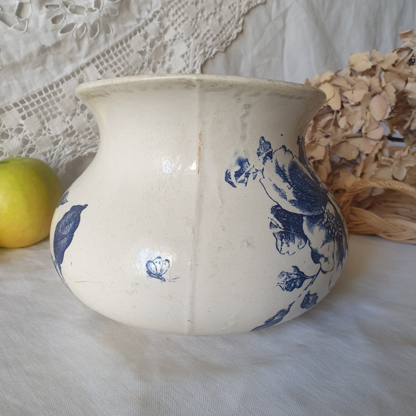 French antique butterfly floral pattern ironstone water jug, blue & white transferware Victorian Aesthetic Movement c1890