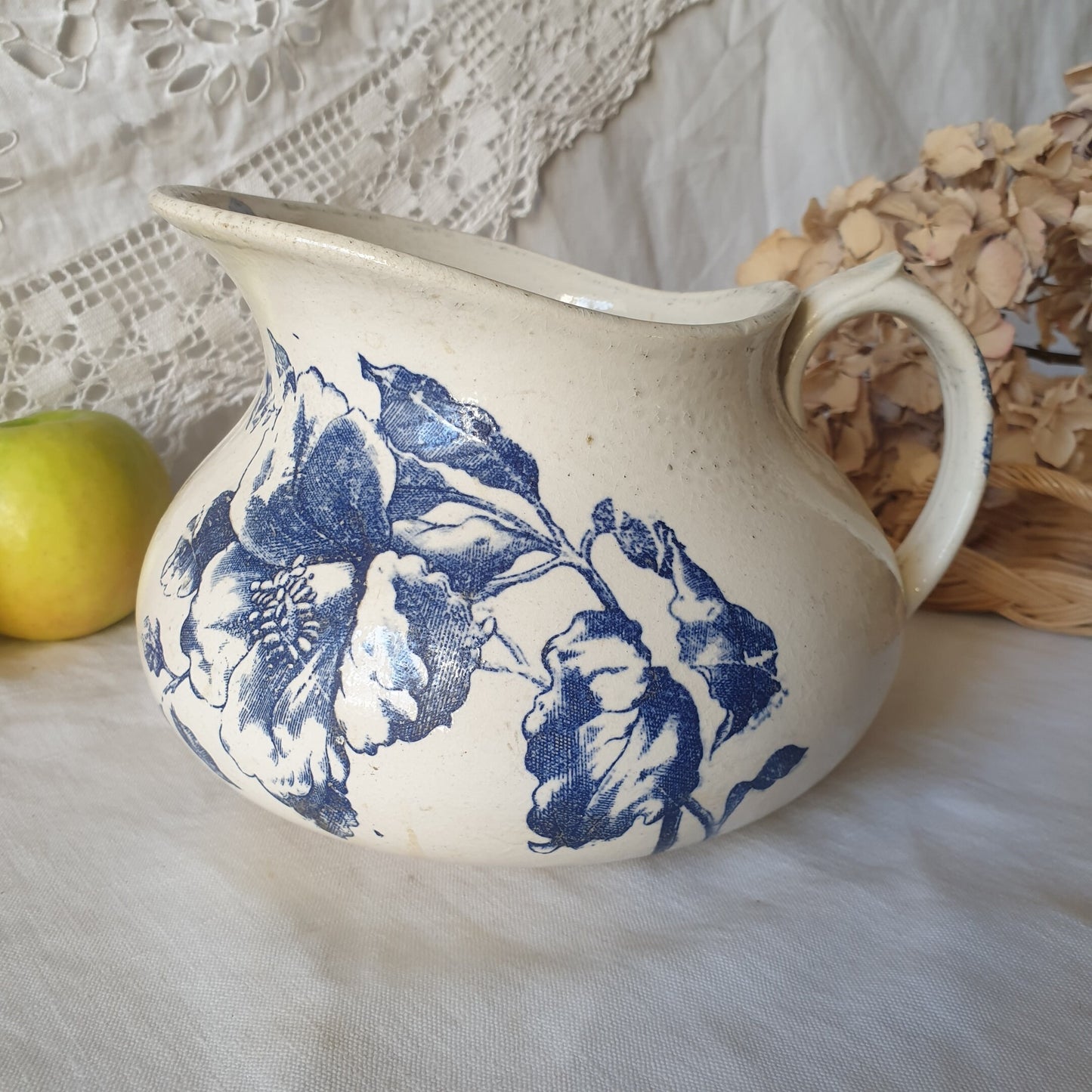 French antique butterfly floral pattern ironstone water jug, blue & white transferware Victorian Aesthetic Movement c1890