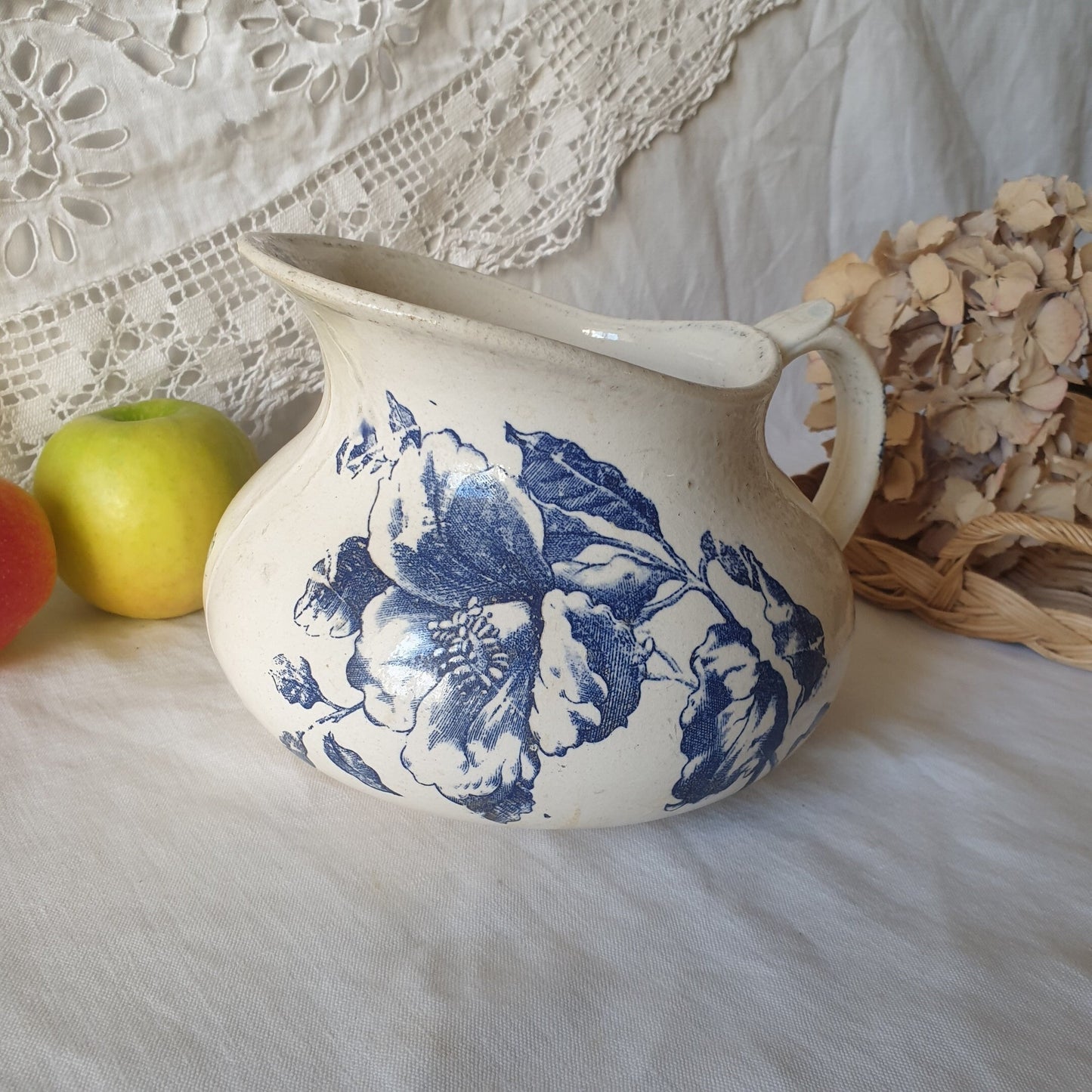 French antique butterfly floral pattern ironstone water jug, blue & white transferware Victorian Aesthetic Movement c1890