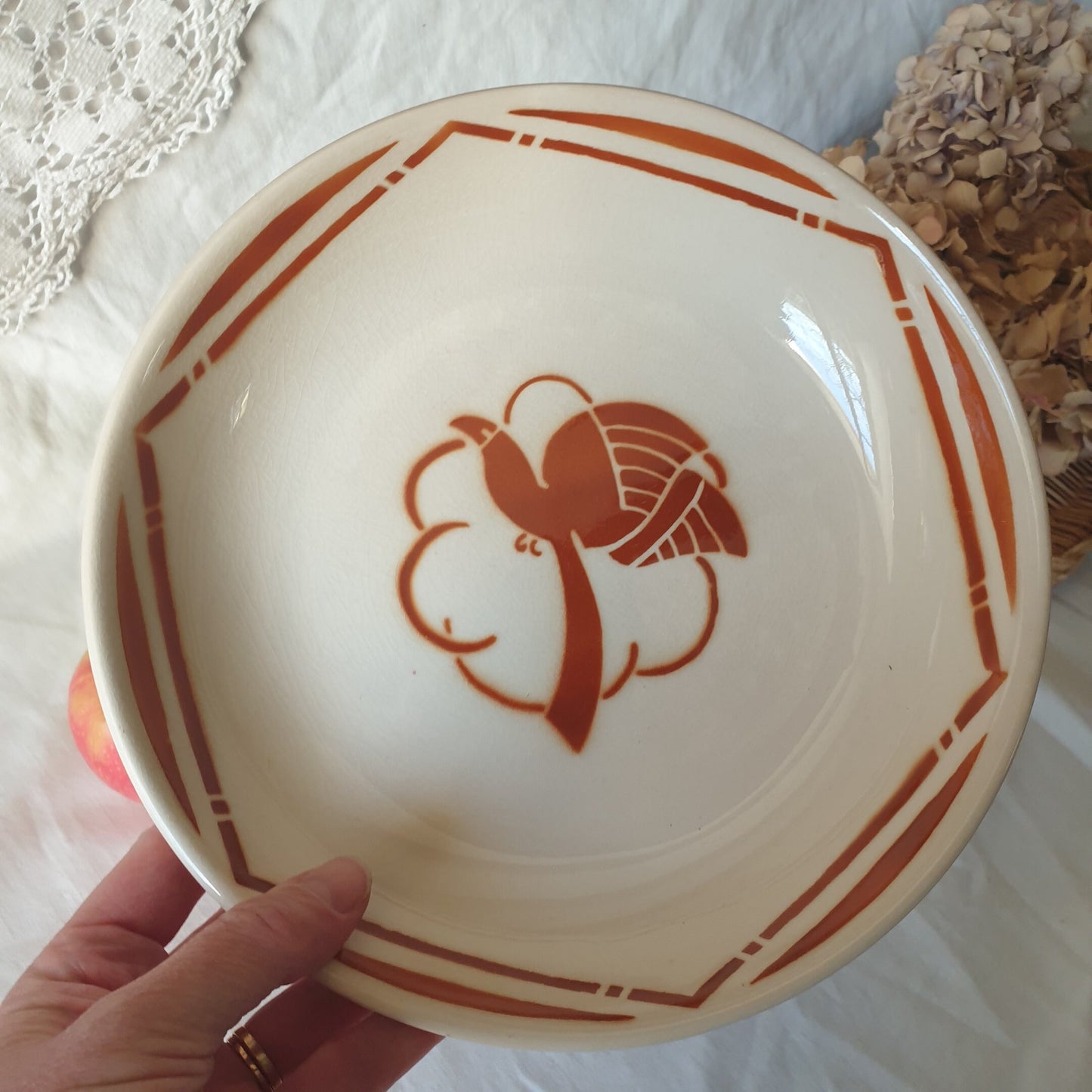 French early Art Deco antique bird of paradise raised platter / cake stand, burnt orange c1910-1923, Badonviller, France Geo Conde (attrib)