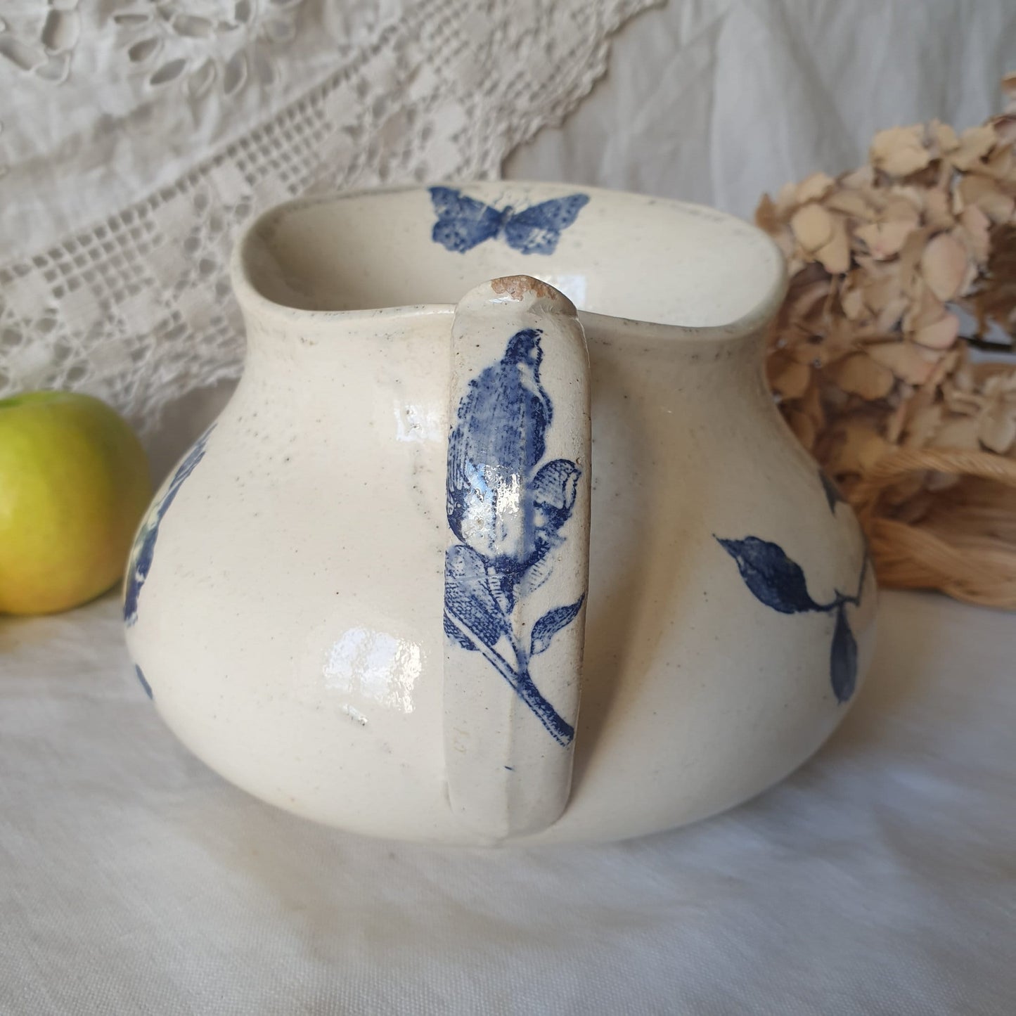 French antique butterfly floral pattern ironstone water jug, blue & white transferware Victorian Aesthetic Movement c1890