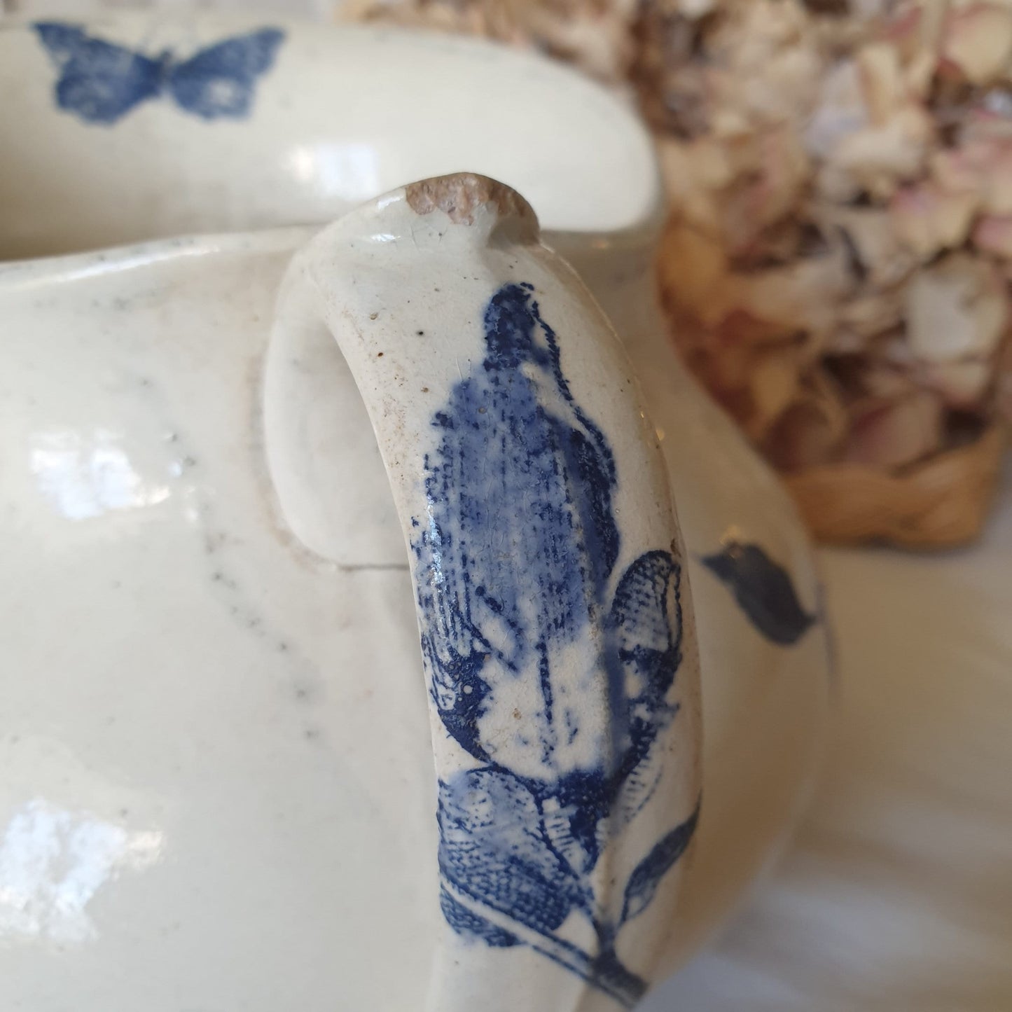 French antique butterfly floral pattern ironstone water jug, blue & white transferware Victorian Aesthetic Movement c1890