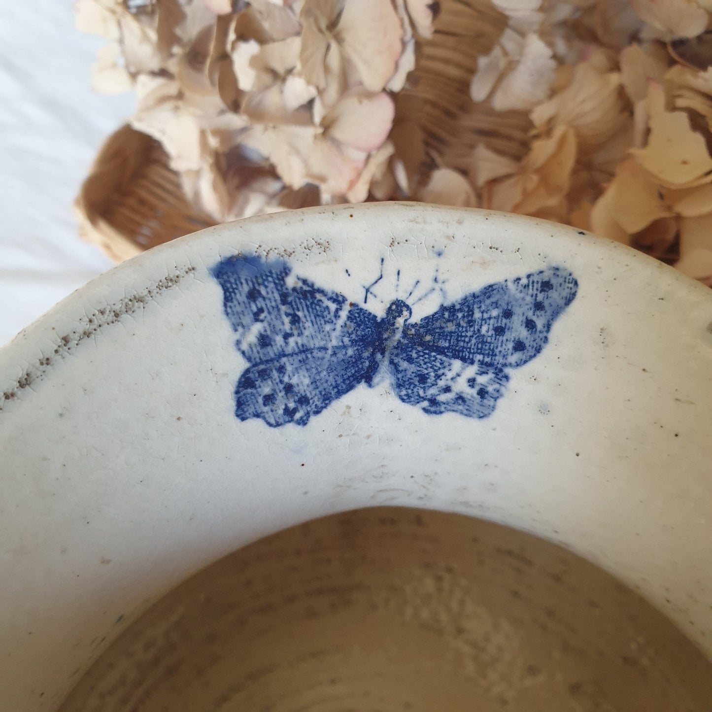 French antique butterfly floral pattern ironstone water jug, blue & white transferware Victorian Aesthetic Movement c1890