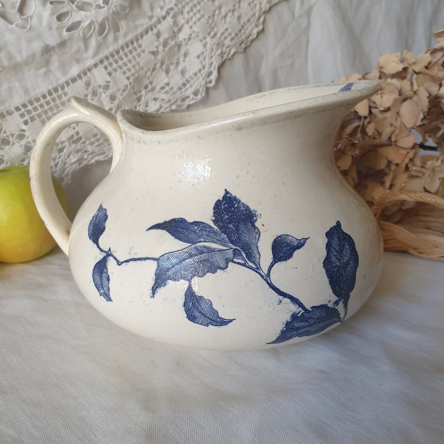 French antique butterfly floral pattern ironstone water jug, blue & white transferware Victorian Aesthetic Movement c1890