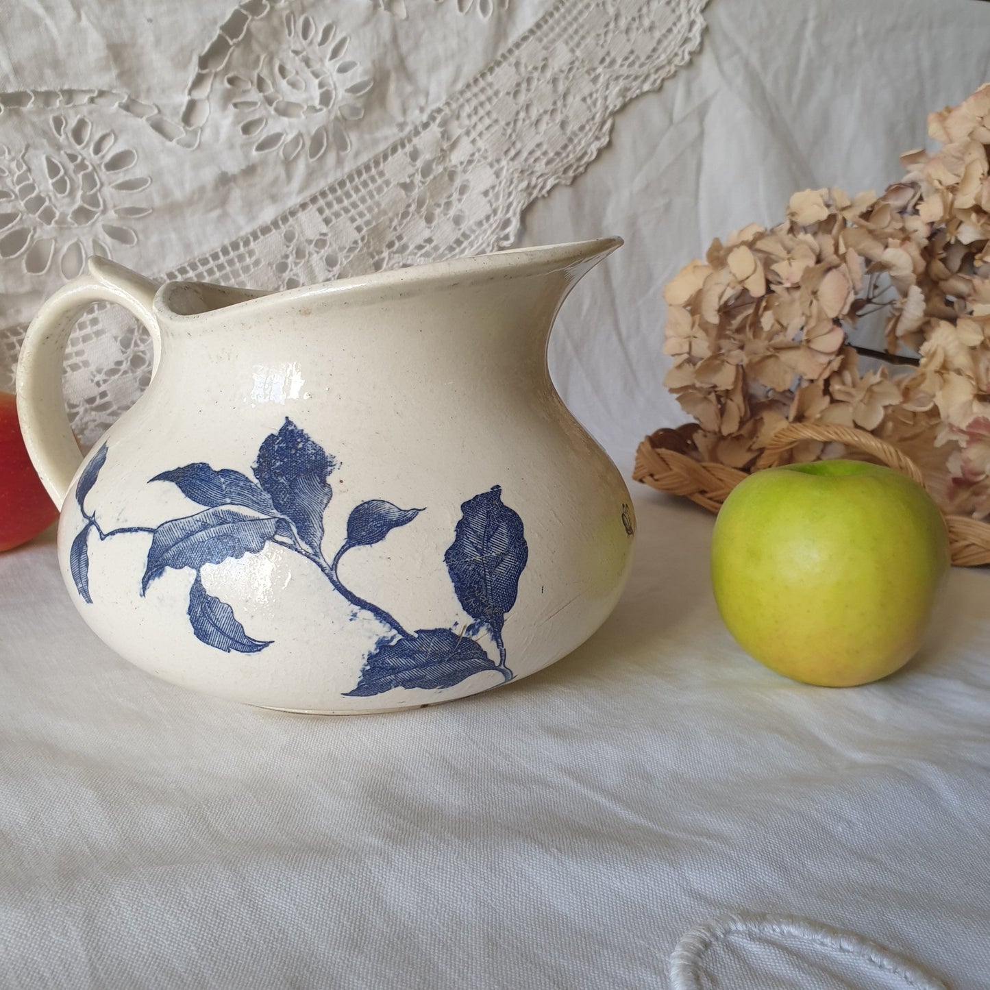 French antique butterfly floral pattern ironstone water jug, blue & white transferware Victorian Aesthetic Movement c1890