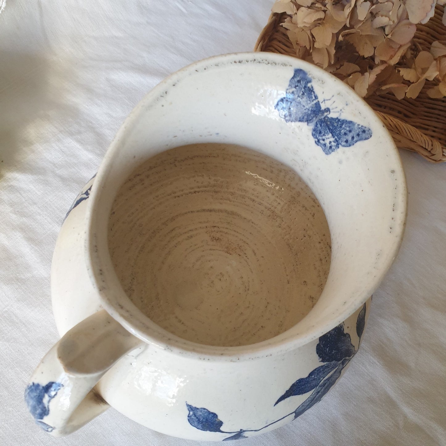 French antique butterfly floral pattern ironstone water jug, blue & white transferware Victorian Aesthetic Movement c1890