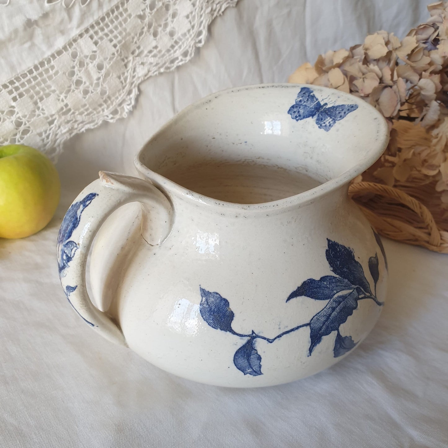 French antique butterfly floral pattern ironstone water jug, blue & white transferware Victorian Aesthetic Movement c1890