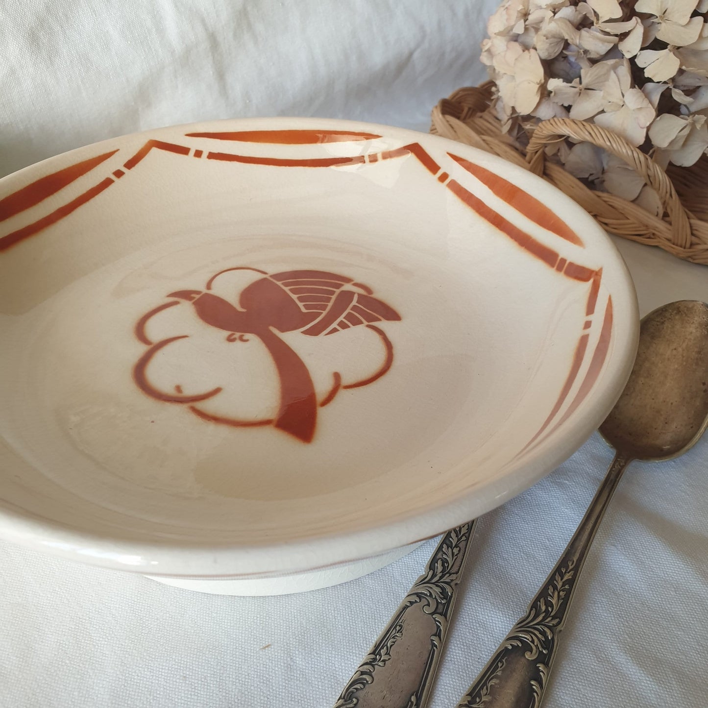 French early Art Deco antique bird of paradise raised platter / cake stand, burnt orange c1910-1923, Badonviller, France Geo Conde (attrib)